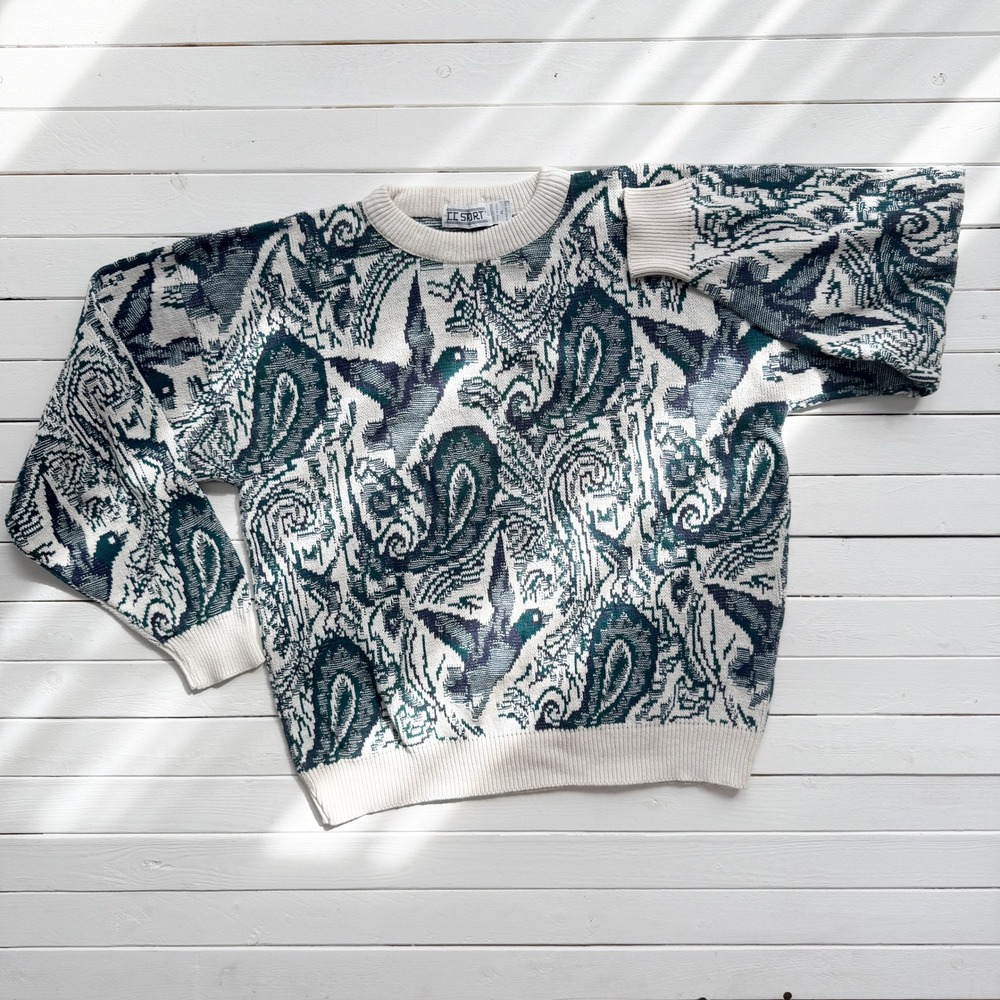 vtg men's green white‎ duck paisley woven grandpa sweater size XL